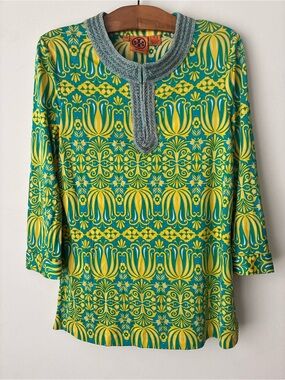 Tory Burch Top Women’s Medium 100% Silk Beaded Blouse Resort Wear Caftan Tunic
